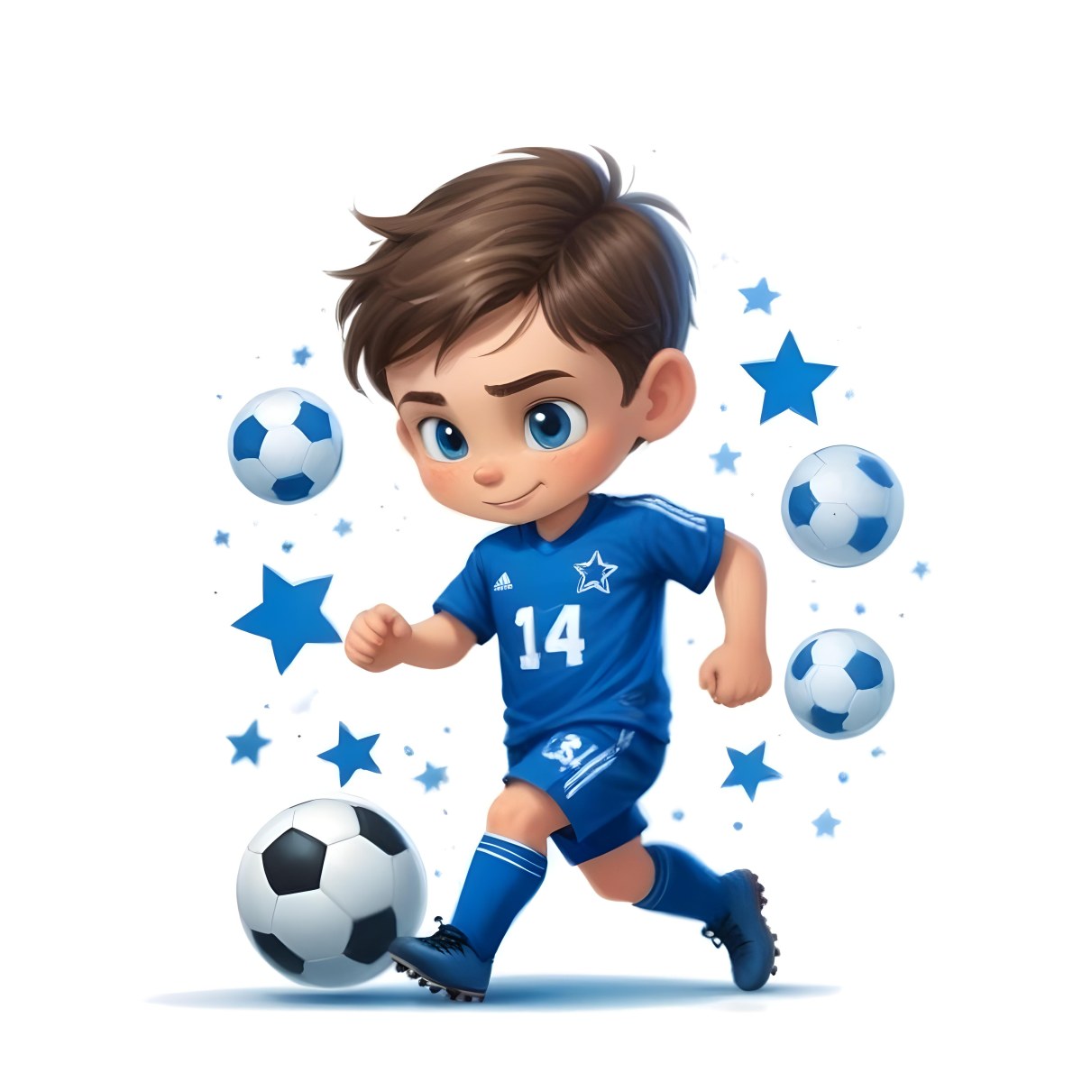 A 7 Year Old White Boy With Brown Hair Wearing A Blue Soccer Uniform Playing With A Soccer Ball Soccer Balls And Blue Stars In The Background 57 3460