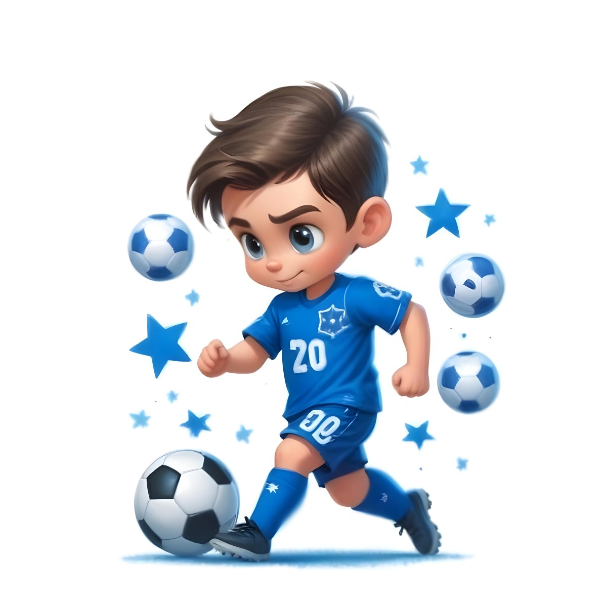 A 7 Year Old White Boy With Brown Hair Wearing A Blue Soccer Uniform Playing With A Soccer Ball Soccer Balls And Blue Stars In The Background 7 F056