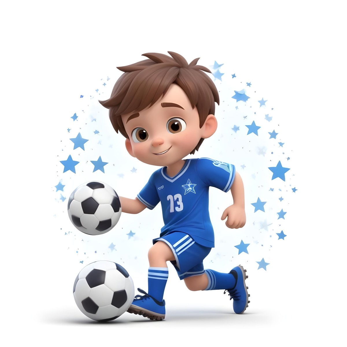 A 7 Year Old White Boy With Brown Hair Wearing A Blue Soccer Uniform Playing With A Soccer Ball Soccer Balls And Blue Stars In The Background 8 1441