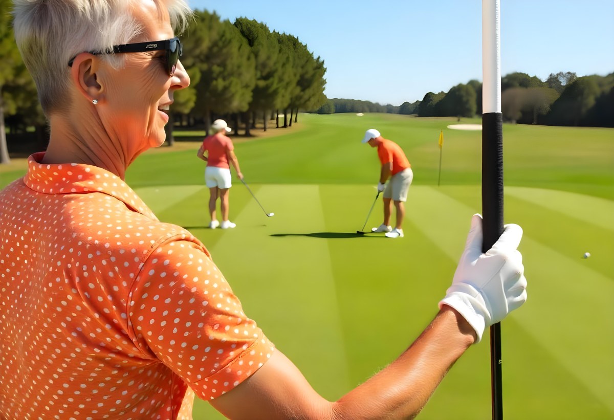 A Middle Aged Caucasian Woman With Short Blonde Hair Wearing An Orange Polo Shirt And Holding A Golf Club On A Golf Course 1 2b79