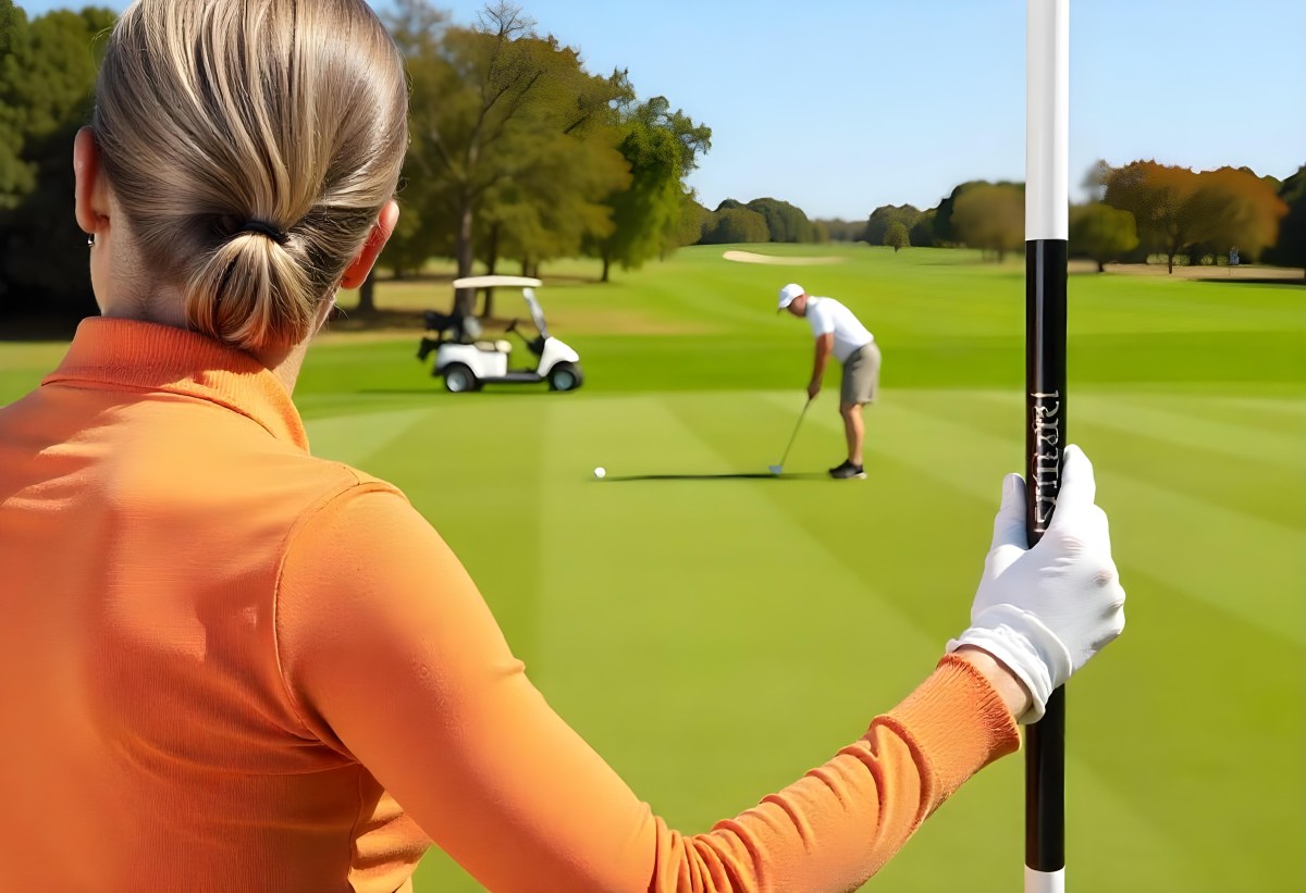 A Middle Aged Caucasian Woman With Short Blonde Hair Wearing An Orange Polo Shirt And Holding A Golf Club On A Golf Course 10 A771