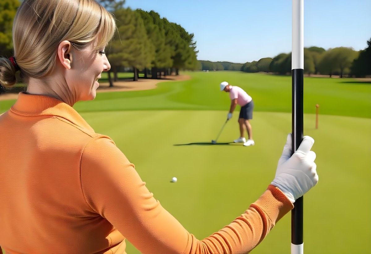 A Middle Aged Caucasian Woman With Short Blonde Hair Wearing An Orange Polo Shirt And Holding A Golf Club On A Golf Course 11 A11a