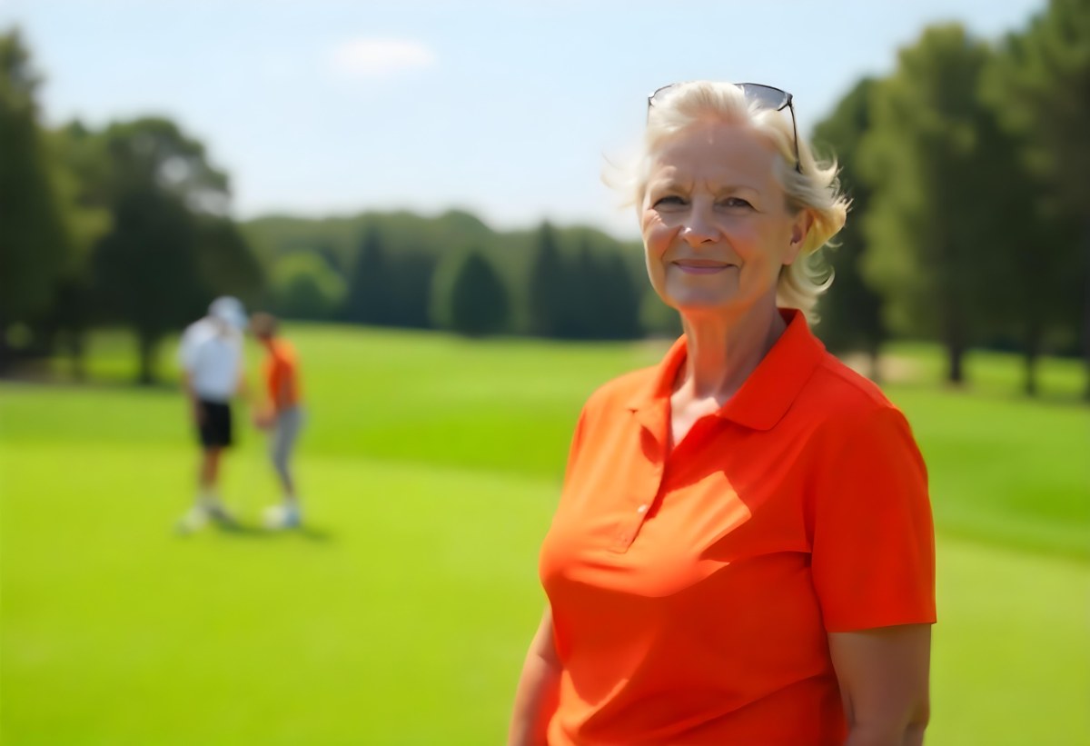 A Middle Aged Caucasian Woman With Short Blonde Hair Wearing An Orange Polo Shirt And Holding A Golf Club On A Golf Course 3 A56c