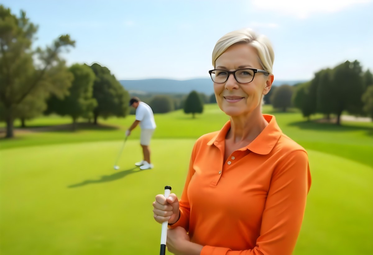 A Middle Aged Caucasian Woman With Short Blonde Hair Wearing An Orange Polo Shirt And Holding A Golf Club On A Golf Course 4 5d4a