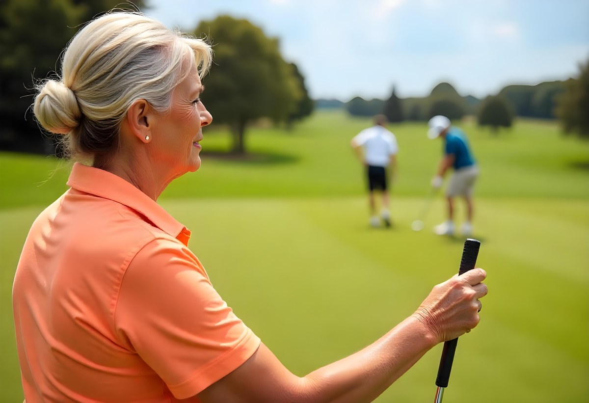 A Middle Aged Caucasian Woman With Short Blonde Hair Wearing An Orange Polo Shirt And Holding A Golf Club On A Golf Course 5 63bd