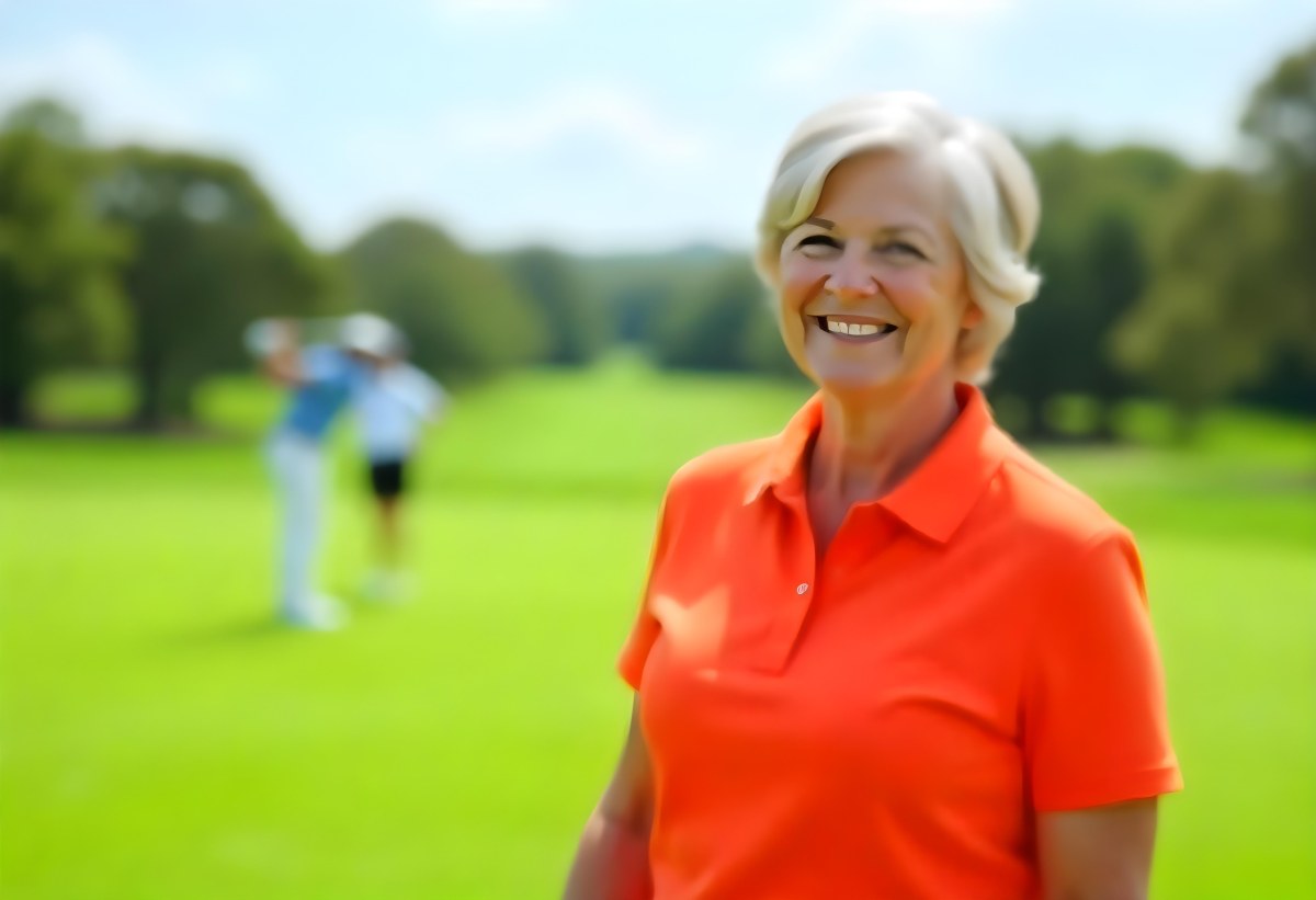 A Middle Aged Caucasian Woman With Short Blonde Hair Wearing An Orange Polo Shirt And Holding A Golf Club On A Golf Course 6 0ab2