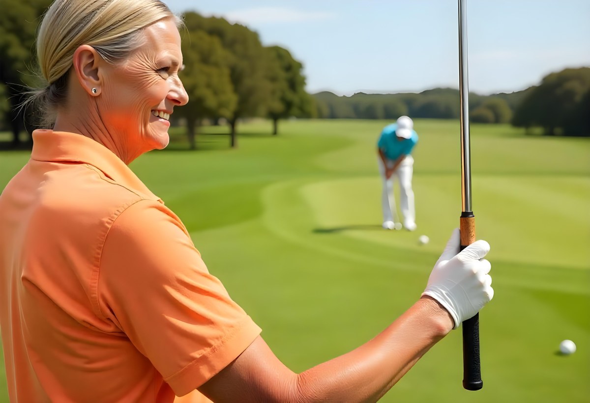 A Middle Aged Caucasian Woman With Short Blonde Hair Wearing An Orange Polo Shirt And Holding A Golf Club On A Golf Course 7 A845