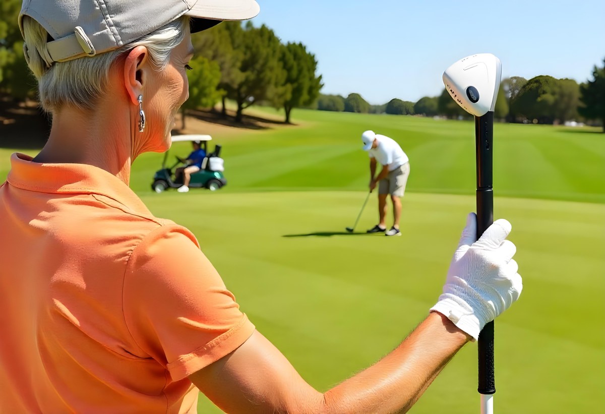 A Middle Aged Caucasian Woman With Short Blonde Hair Wearing An Orange Polo Shirt And Holding A Golf Club On A Golf Course 9 D3cc