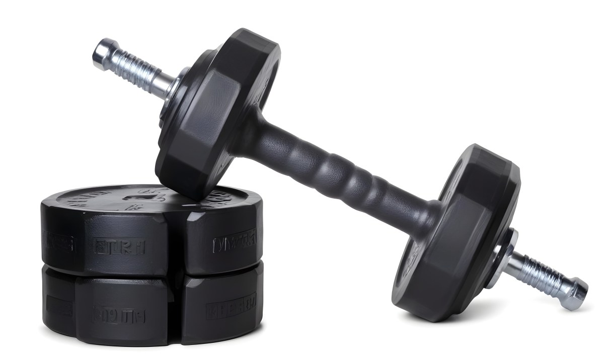 A Pair Of Black Metal Dumbbells With Weight Plates Stacked On A Dark Surface 3 Cb86