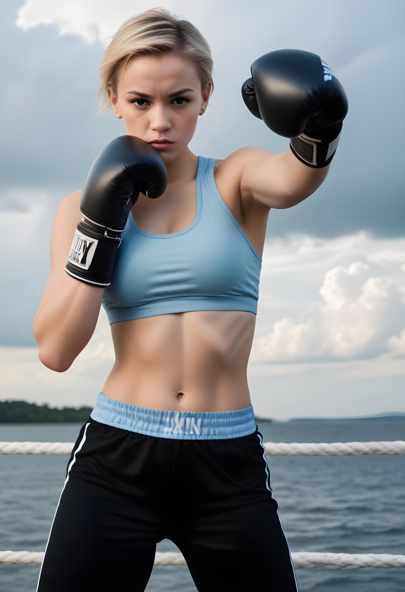 A Young Woman With Light Skin And Short Blonde Hair Is Wearing A Light Blue Sports Bra And Black Boxing Gloves She Is In A Boxing Stance Throwing A Punch The Background Features A Cloudy Sky Above A Body Of Water Su 5 B832