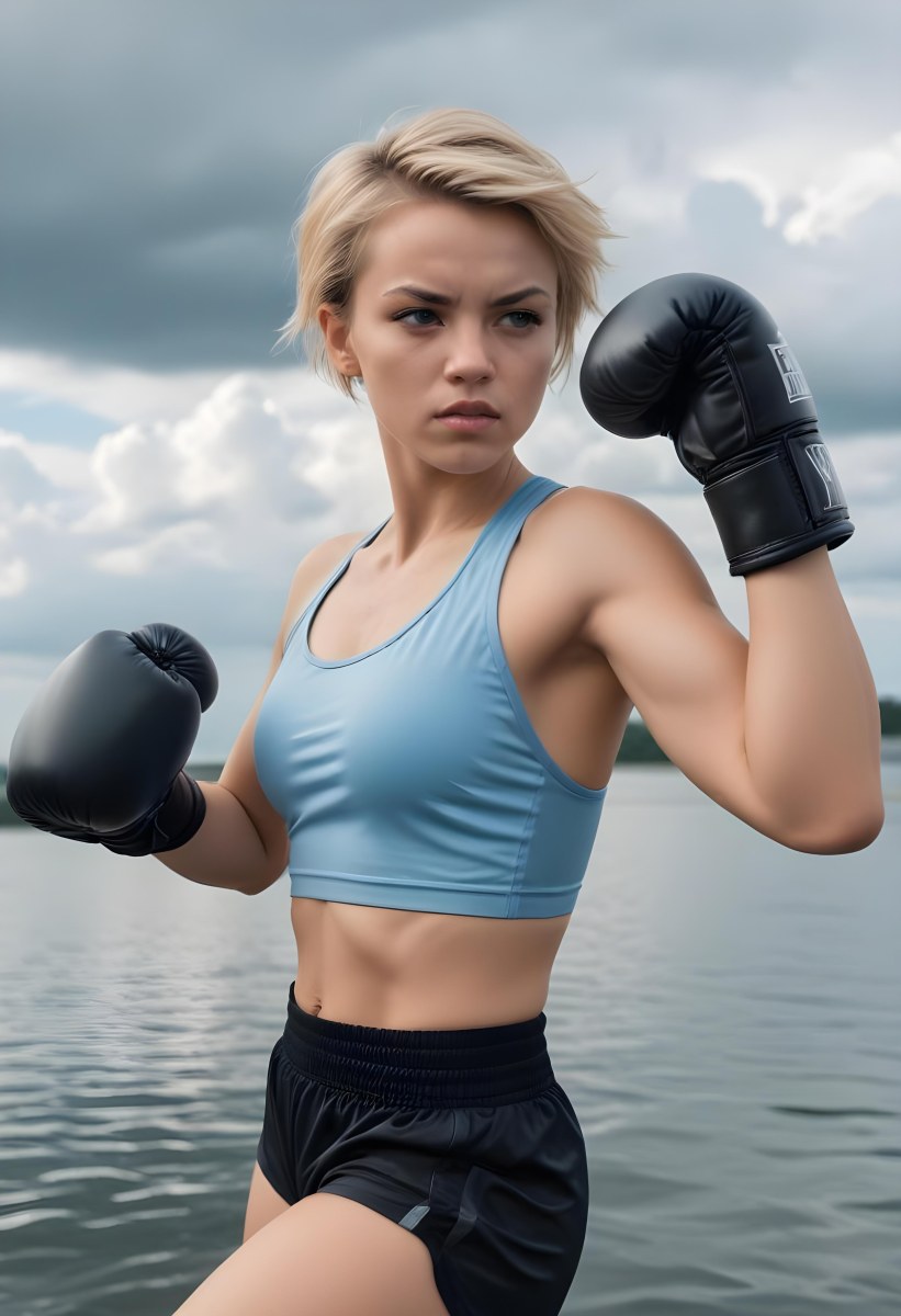 A Young Woman With Light Skin And Short Blonde Hair Is Wearing A Light Blue Sports Bra And Black Boxing Gloves She Is In A Boxing Stance Throwing A Punch The Background Features A Cloudy Sky Above A Body Of Water Su 9 8852