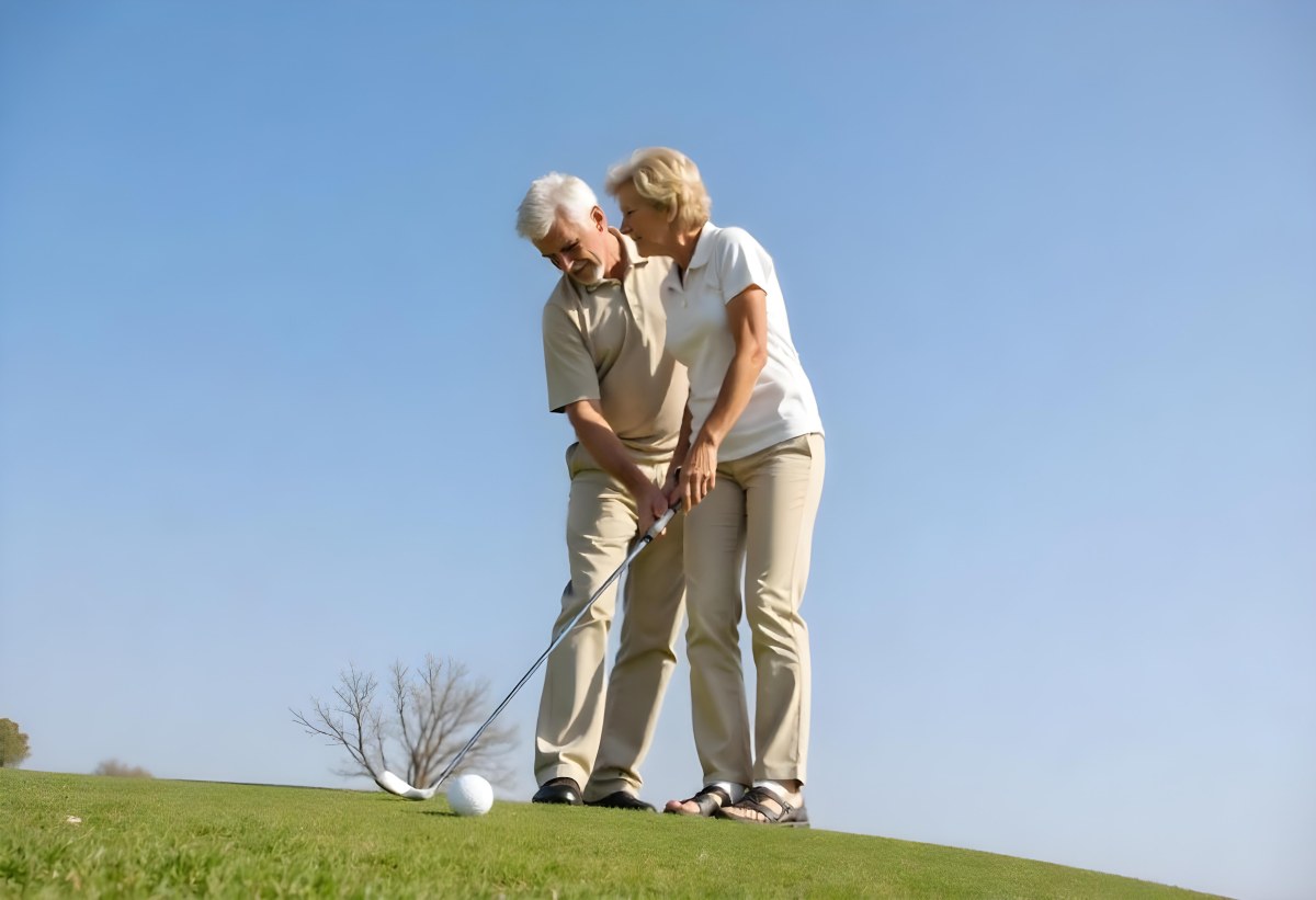 An Elderly Caucasian Couple A Man And A Woman Standing On A Grassy Hill And Holding Golf Clubs 1 Ed9c
