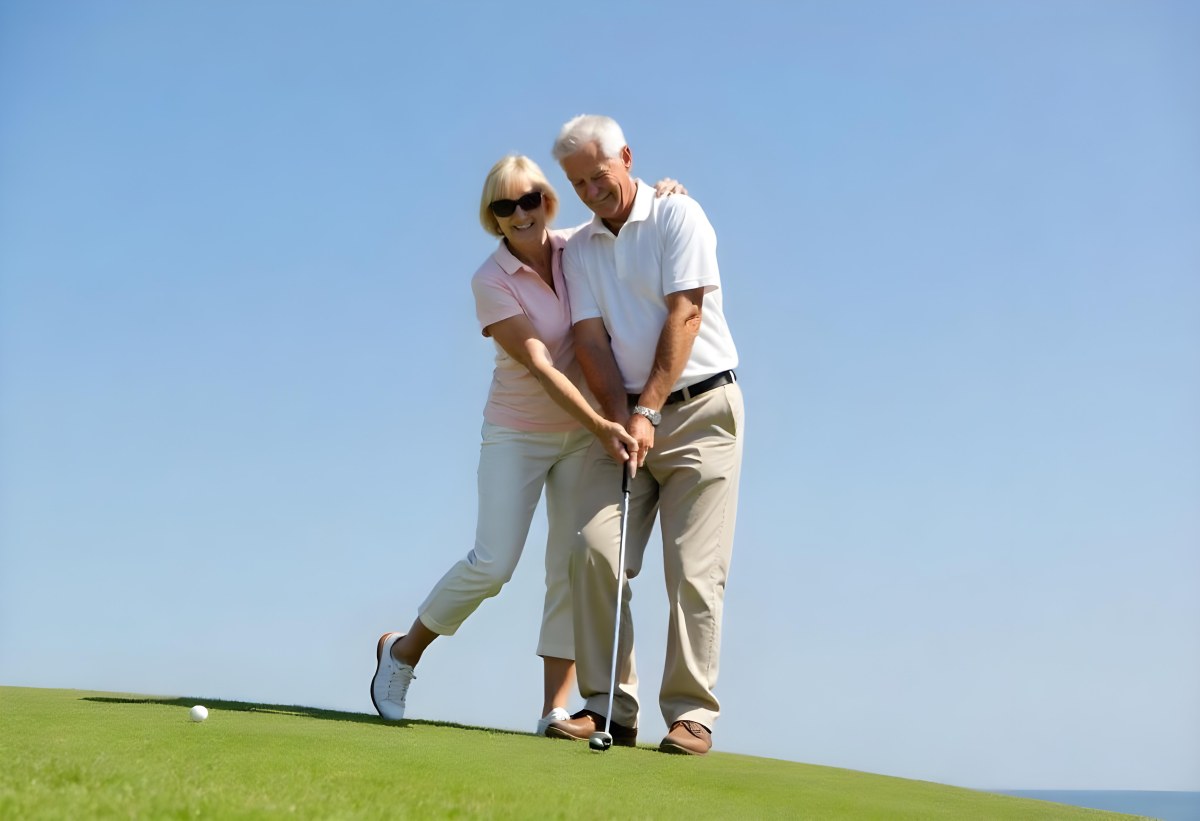 An Elderly Caucasian Couple A Man And A Woman Standing On A Grassy Hill And Holding Golf Clubs 5 4f59