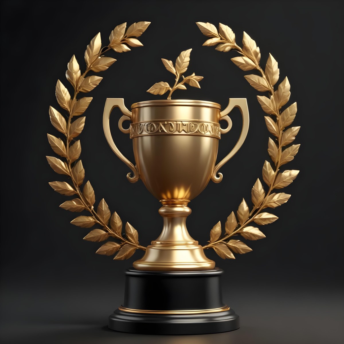 Digital Painting A Golden Trophy On A Golden Base Surrounded By A Black Laurel Wreath The Trophy Has Two Handles And A Shiny Surface Black Background Bold And Slim Lines Brush Strokes 1 D7e1