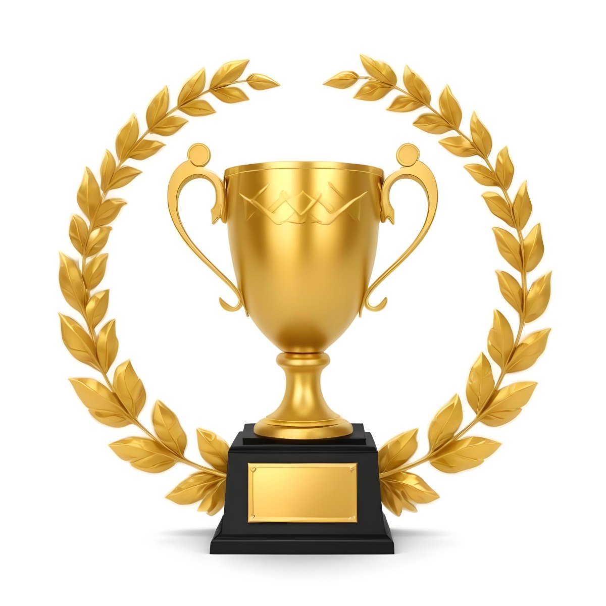 Digital Painting A Golden Trophy On A Golden Base Surrounded By A Black Laurel Wreath The Trophy Has Two Handles And A Shiny Surface Black Background Bold And Slim Lines Brush Strokes 18 0192