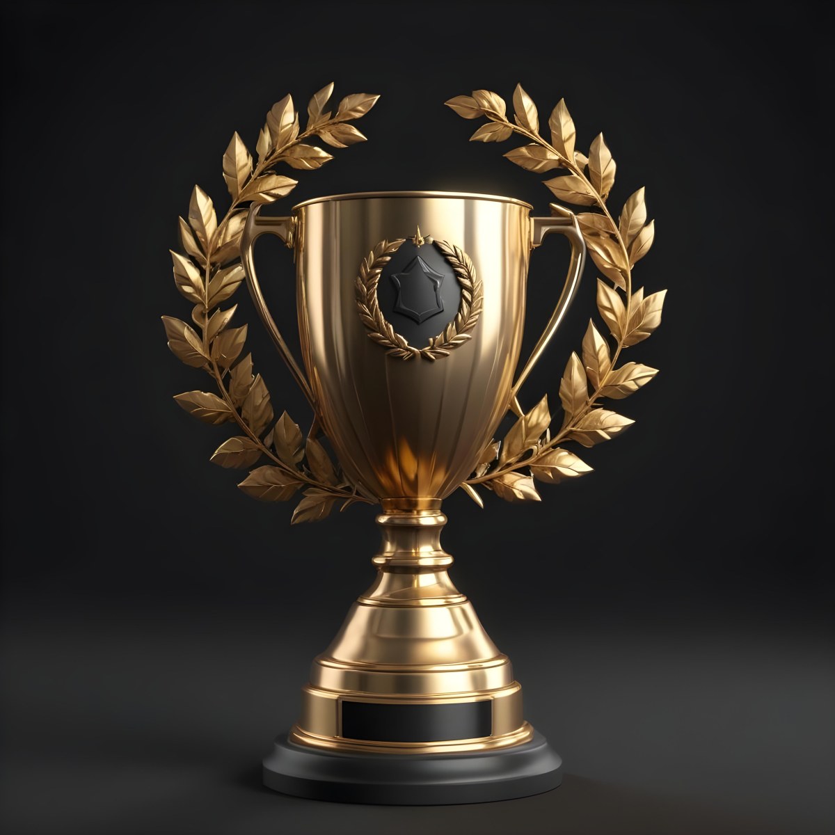 Digital Painting A Golden Trophy On A Golden Base Surrounded By A Black Laurel Wreath The Trophy Has Two Handles And A Shiny Surface Black Background Bold And Slim Lines Brush Strokes 6 Edc8