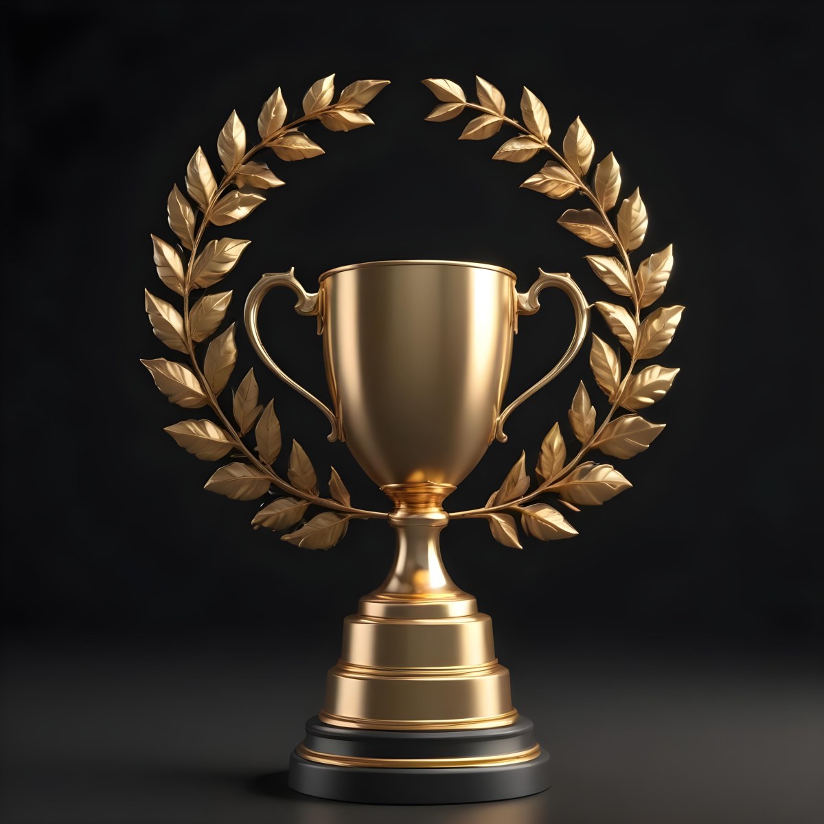 Digital Painting A Golden Trophy On A Golden Base Surrounded By A Black Laurel Wreath The Trophy Has Two Handles And A Shiny Surface Black Background Bold And Slim Lines Brush Strokes 8 68a5
