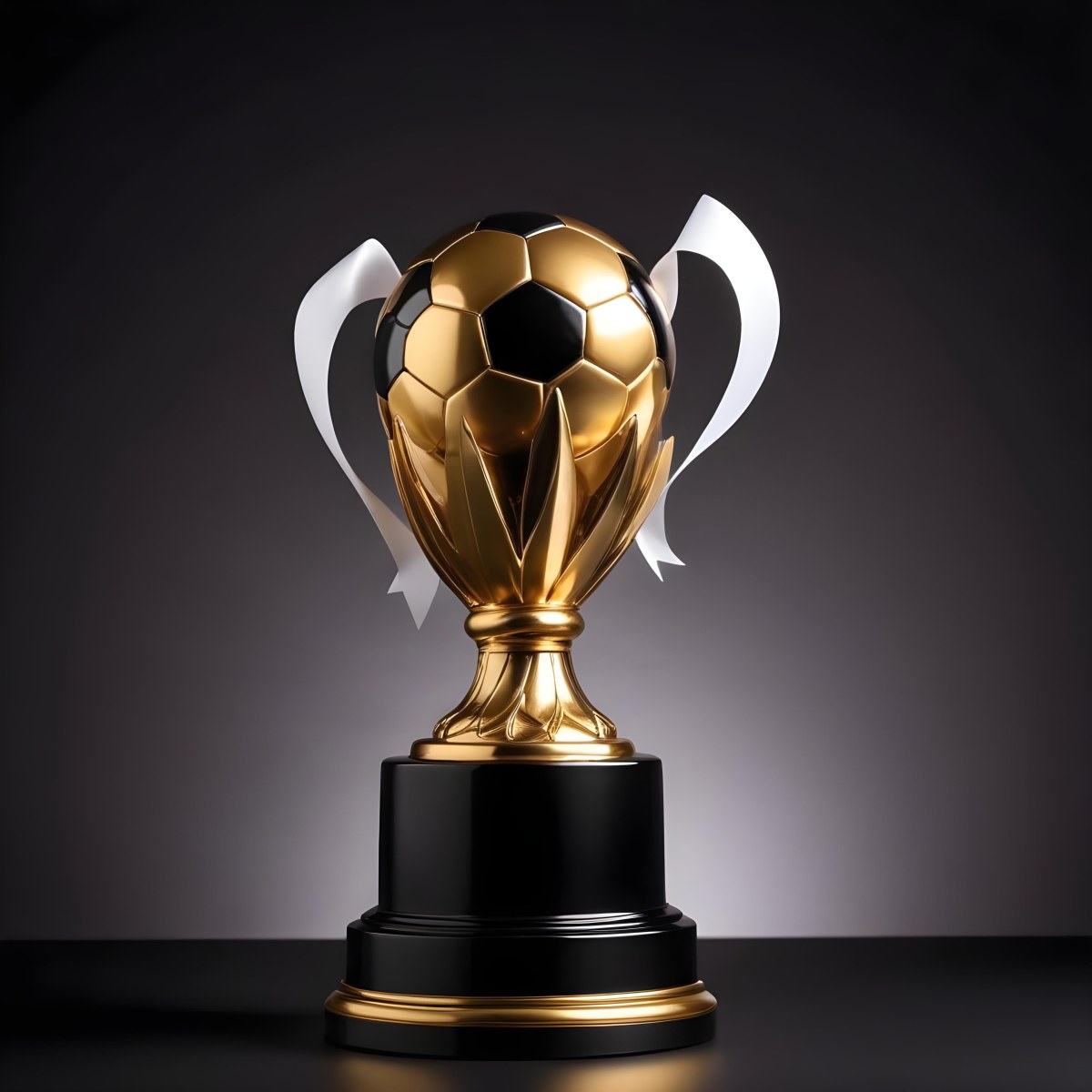 Minimal Soft Studio Light Photography A Golden Trophy With A Soccer Ball On Top And A White Ribbon Around It The Trophy Has A Golden Base Black Background High Detail Solid Bold Color Background 13 6e25