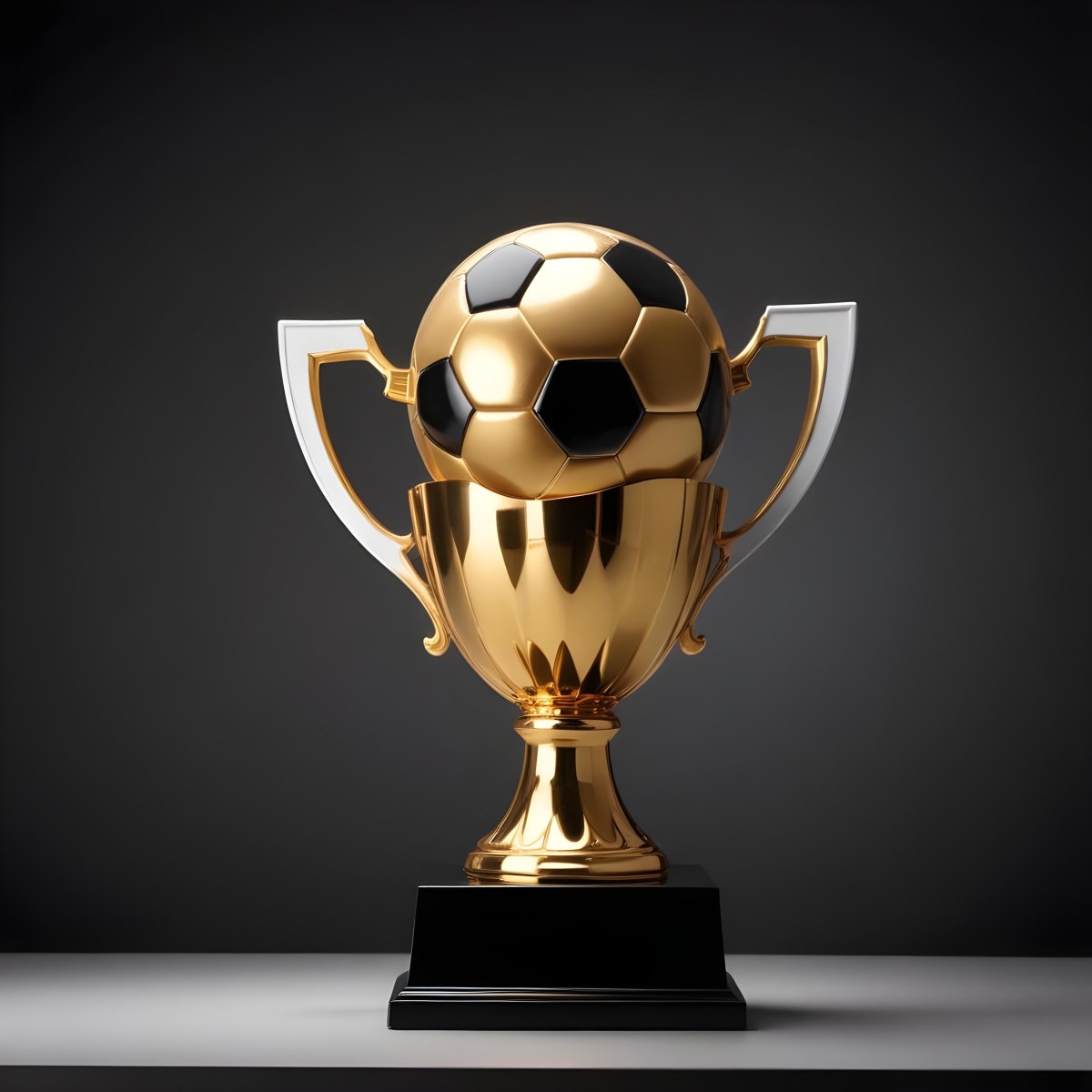 Minimal Soft Studio Light Photography A Golden Trophy With A Soccer Ball On Top And A White Ribbon Around It The Trophy Has A Golden Base Black Background High Detail Solid Bold Color Background 17 9f24