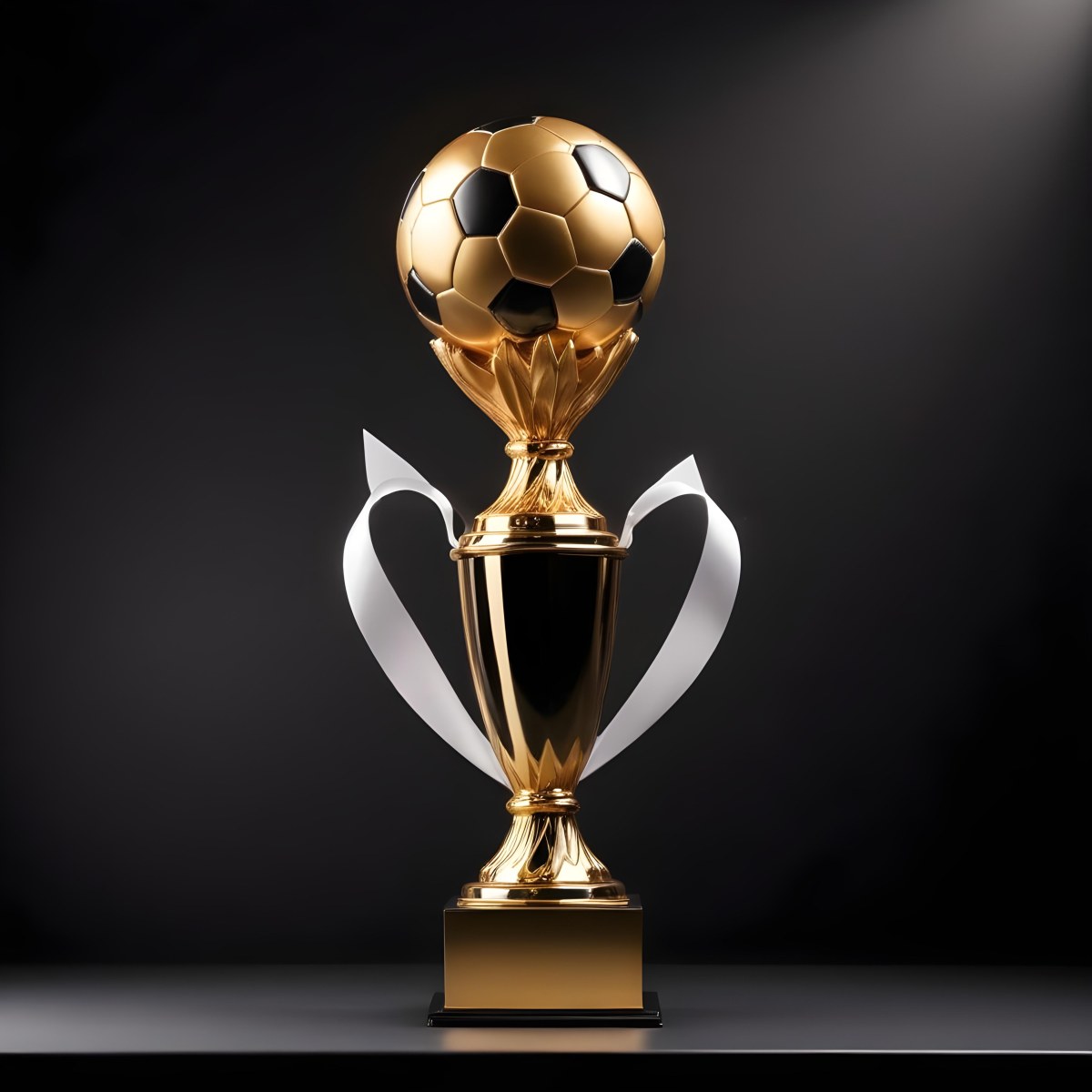 Minimal Soft Studio Light Photography A Golden Trophy With A Soccer Ball On Top And A White Ribbon Around It The Trophy Has A Golden Base Black Background High Detail Solid Bold Color Background 9 F5a6