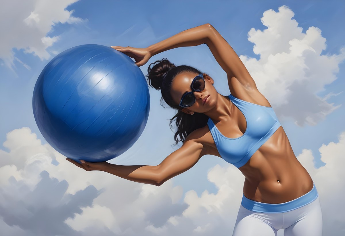 Oil Painting A Young Woman With A Dark Skin Tone And Long Dark Hair Wearing A Blue Sports Bra And White Leggings Is Exercising With A Large Blue Exercise Ball She Is Bending Sideways While Holding The Ball And Is We 10 9fff