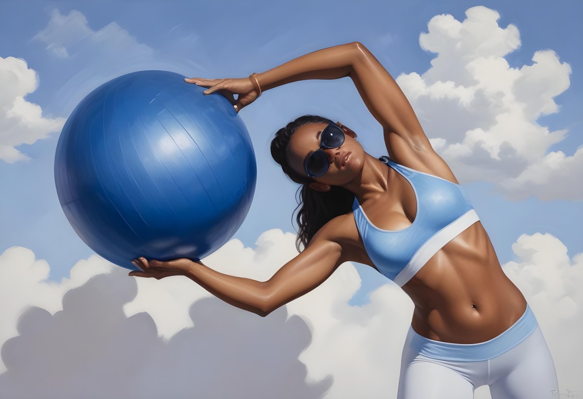 Oil Painting A Young Woman With A Dark Skin Tone And Long Dark Hair Wearing A Blue Sports Bra And White Leggings Is Exercising With A Large Blue Exercise Ball She Is Bending Sideways While Holding The Ball And Is We 14 Db50