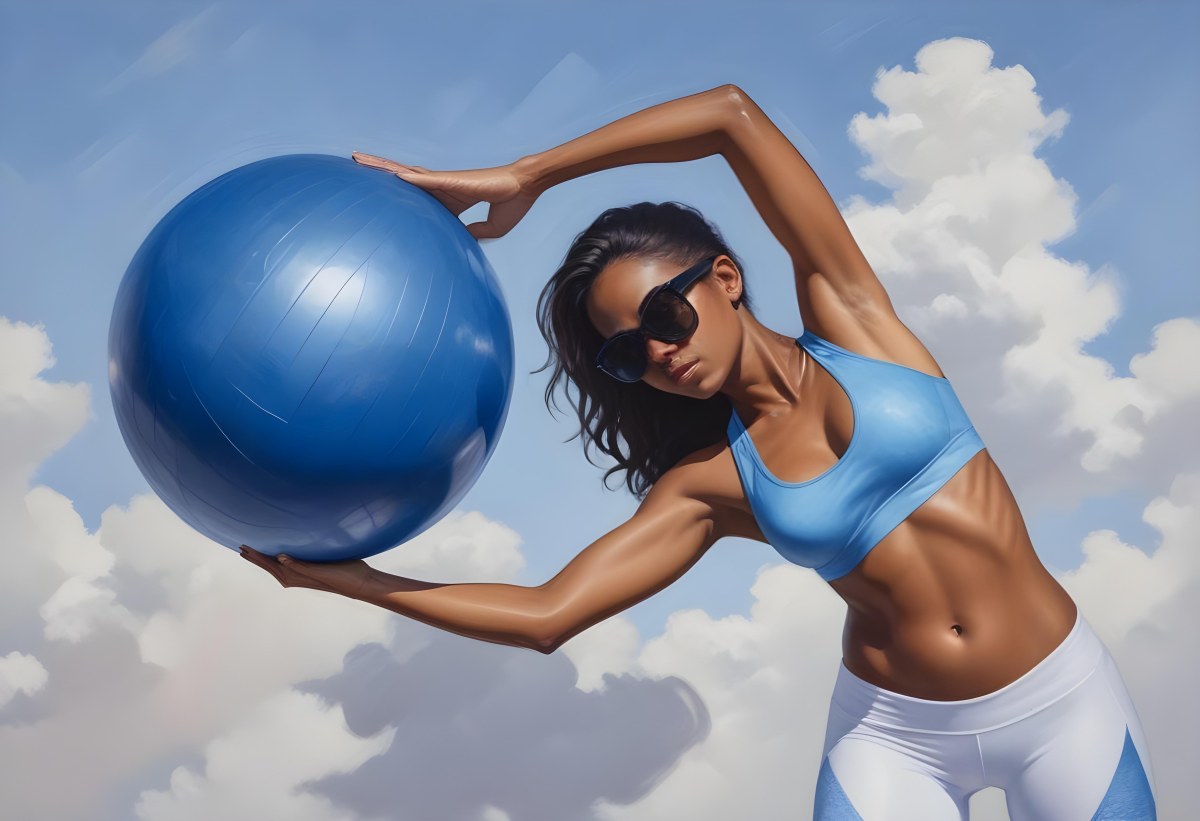 Oil Painting A Young Woman With A Dark Skin Tone And Long Dark Hair Wearing A Blue Sports Bra And White Leggings Is Exercising With A Large Blue Exercise Ball She Is Bending Sideways While Holding The Ball And Is We 15 0cee