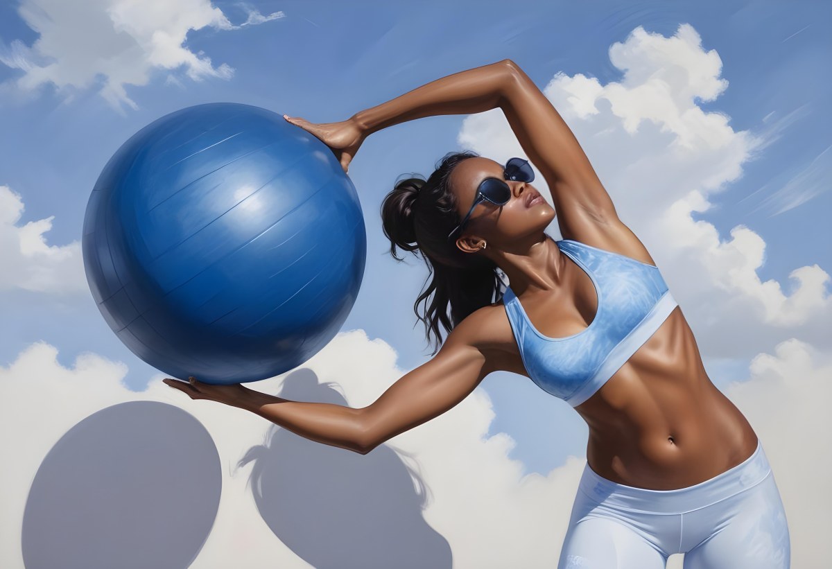 Oil Painting A Young Woman With A Dark Skin Tone And Long Dark Hair Wearing A Blue Sports Bra And White Leggings Is Exercising With A Large Blue Exercise Ball She Is Bending Sideways While Holding The Ball And Is We 17 A6d1