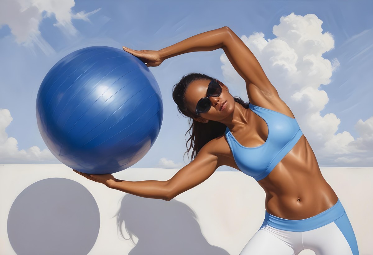 Oil Painting A Young Woman With A Dark Skin Tone And Long Dark Hair Wearing A Blue Sports Bra And White Leggings Is Exercising With A Large Blue Exercise Ball She Is Bending Sideways While Holding The Ball And Is We 5 D341
