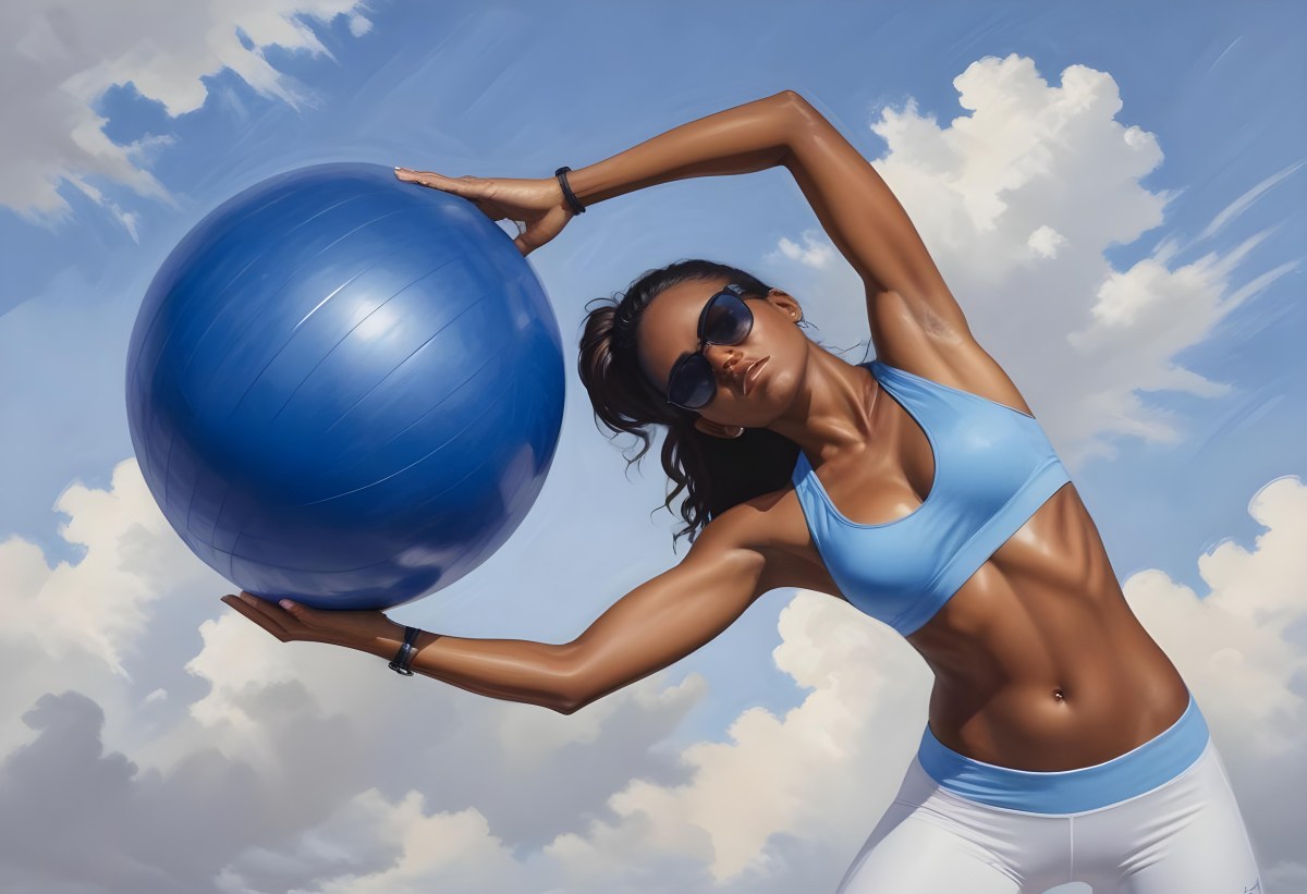 Oil Painting A Young Woman With A Dark Skin Tone And Long Dark Hair Wearing A Blue Sports Bra And White Leggings Is Exercising With A Large Blue Exercise Ball She Is Bending Sideways While Holding The Ball And Is We 9 Cc21