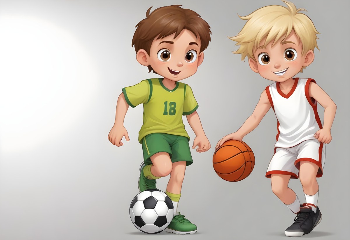 Two Young Cartoon Boys With One Having Brown Hair And The Other With Blonde Hair Playing With A Soccer Ball And Basketball In A Plain White Background 4 Fda0