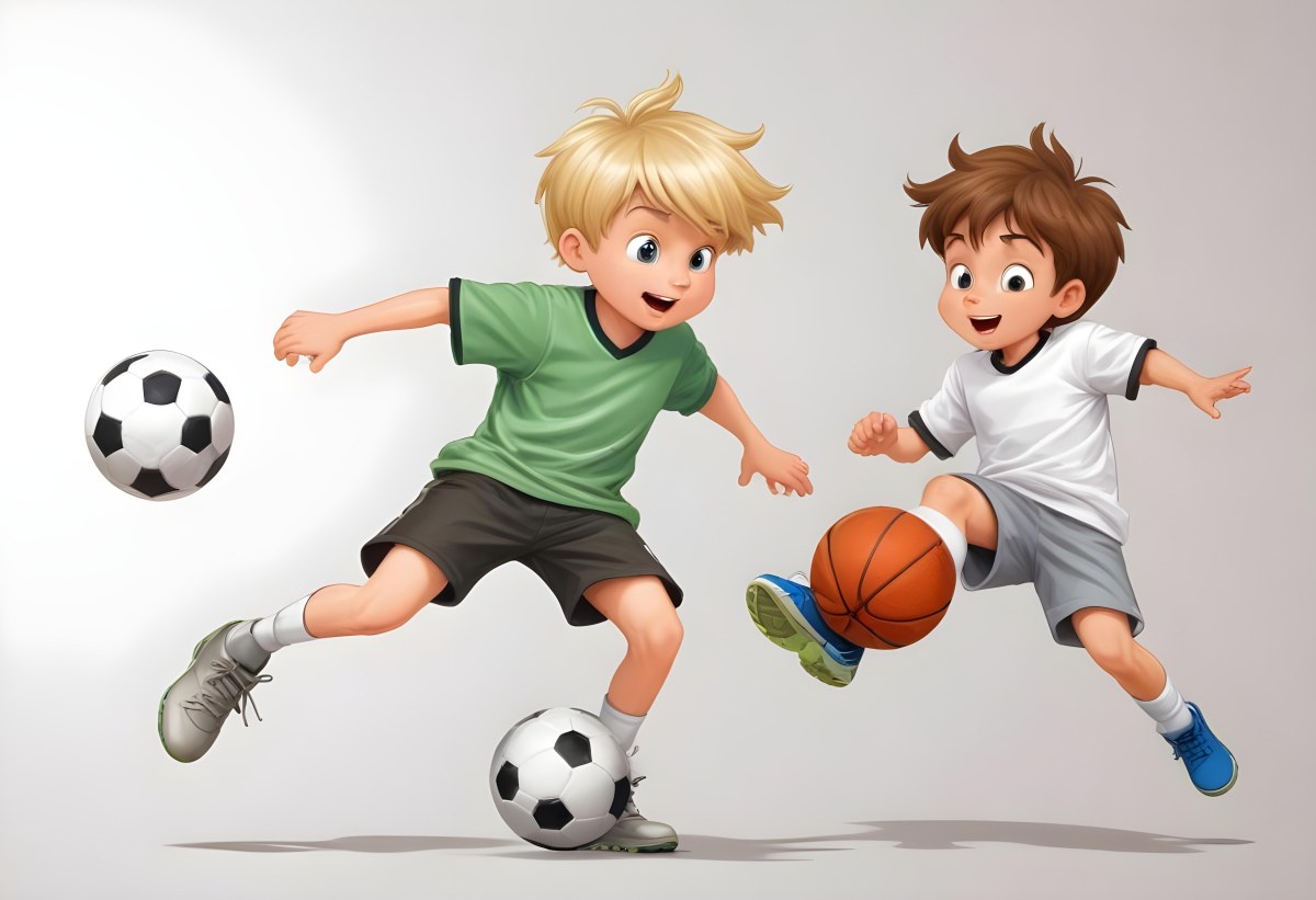 Two Young Cartoon Boys With One Having Brown Hair And The Other With Blonde Hair Playing With A Soccer Ball And Basketball In A Plain White Background 43 4420