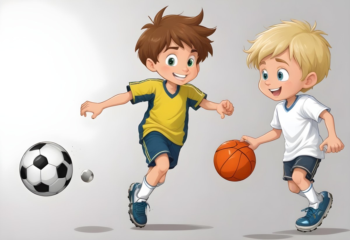 Two Young Cartoon Boys With One Having Brown Hair And The Other With Blonde Hair Playing With A Soccer Ball And Basketball In A Plain White Background 44 8482