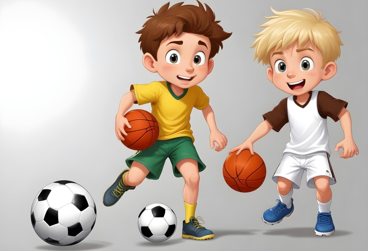 Two Young Cartoon Boys With One Having Brown Hair And The Other With Blonde Hair Playing With A Soccer Ball And Basketball In A Plain White Background 45 084b