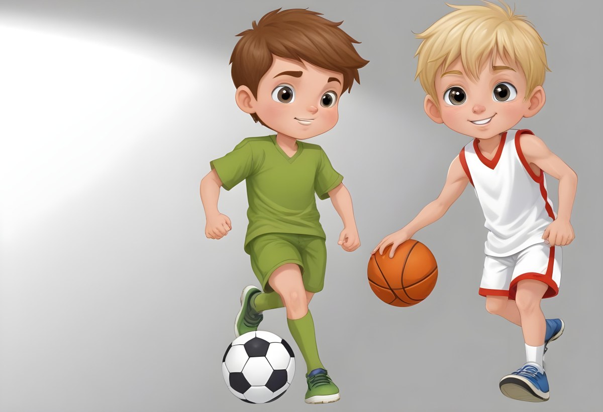 Two Young Cartoon Boys With One Having Brown Hair And The Other With Blonde Hair Playing With A Soccer Ball And Basketball In A Plain White Background 47 4934