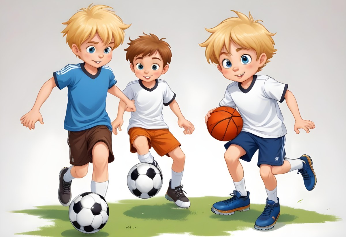 Two Young Cartoon Boys With One Having Brown Hair And The Other With Blonde Hair Playing With A Soccer Ball And Basketball In A Plain White Background 5 A49d