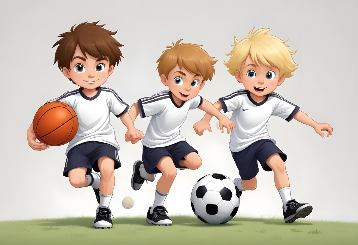 Two Young Cartoon Boys With One Having Brown Hair And The Other With Blonde Hair Playing With A Soccer Ball And Basketball In A Plain White Background 50 6d48