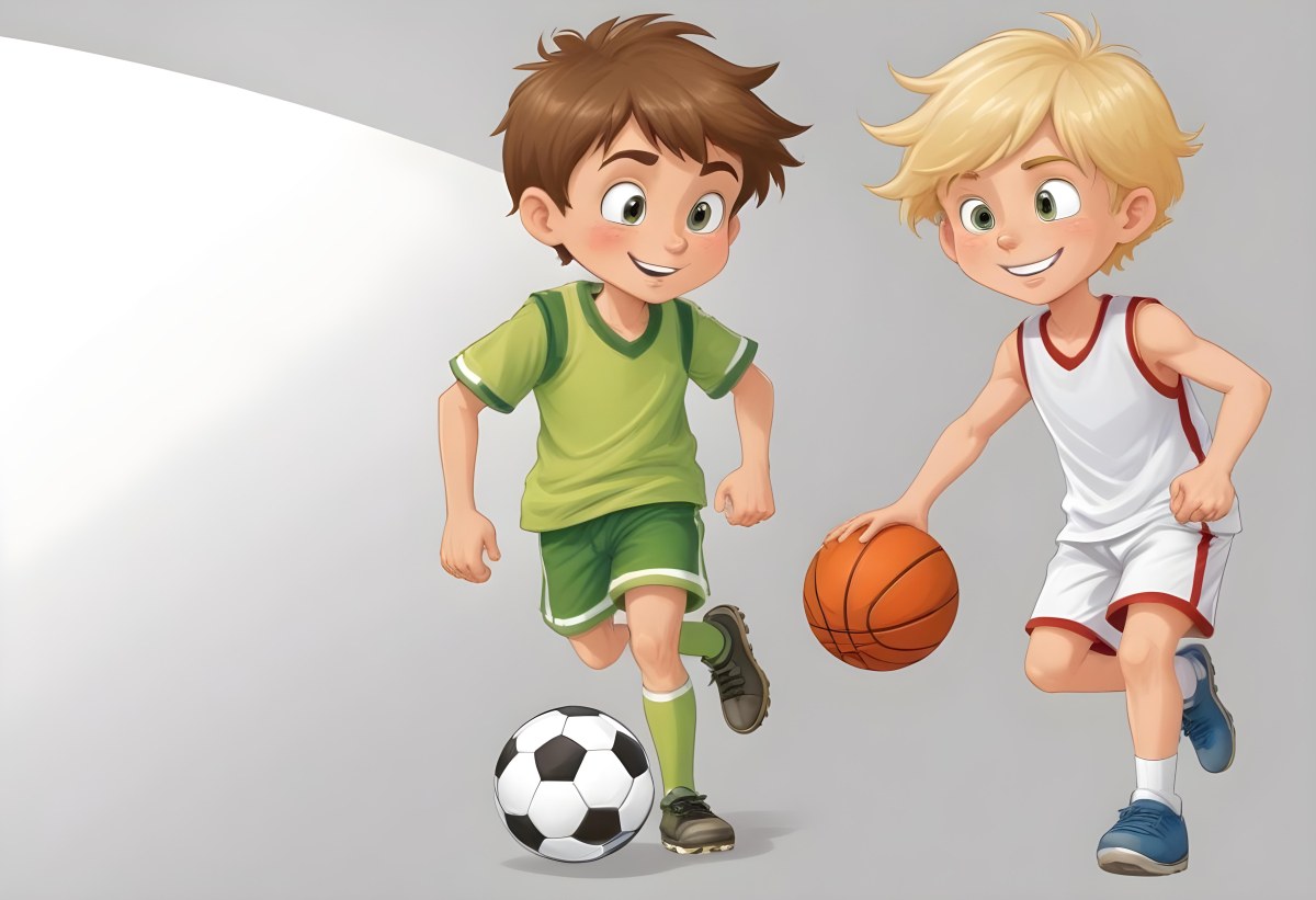 Two Young Cartoon Boys With One Having Brown Hair And The Other With Blonde Hair Playing With A Soccer Ball And Basketball In A Plain White Background 53 B2d0
