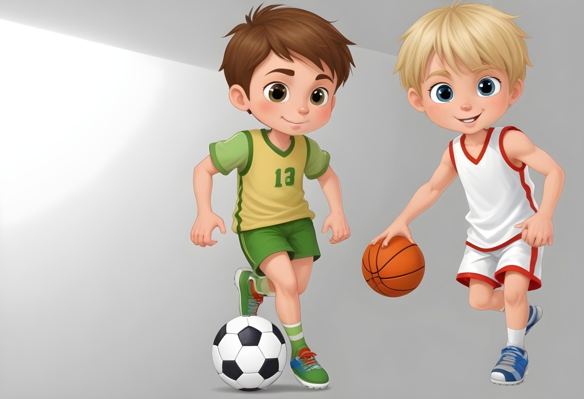 Two Young Cartoon Boys With One Having Brown Hair And The Other With Blonde Hair Playing With A Soccer Ball And Basketball In A Plain White Background 54 77b2