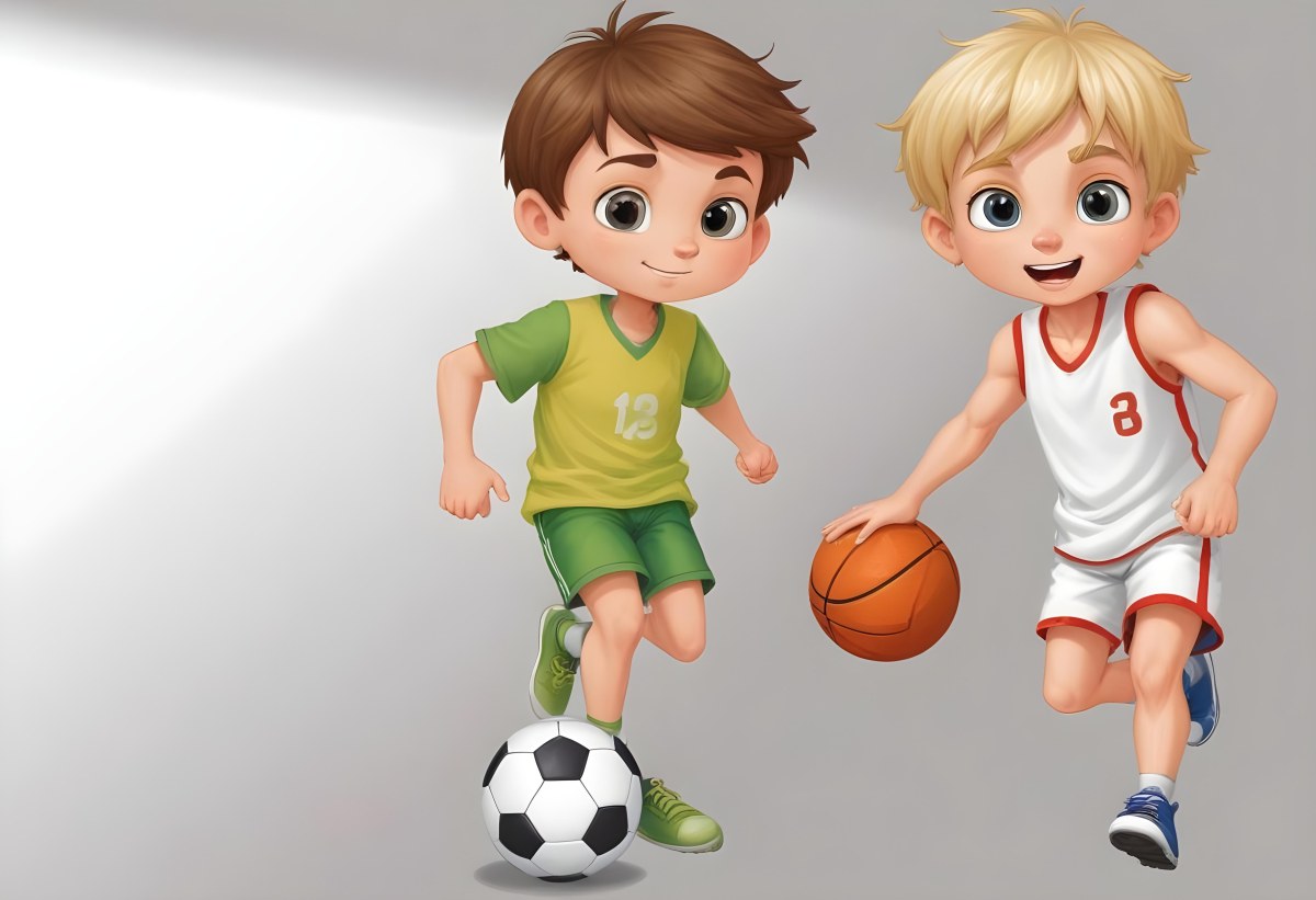 Two Young Cartoon Boys With One Having Brown Hair And The Other With Blonde Hair Playing With A Soccer Ball And Basketball In A Plain White Background 55 4b04