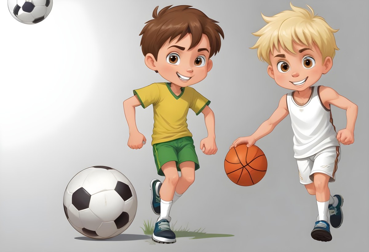 Two Young Cartoon Boys With One Having Brown Hair And The Other With Blonde Hair Playing With A Soccer Ball And Basketball In A Plain White Background 56 B7bd