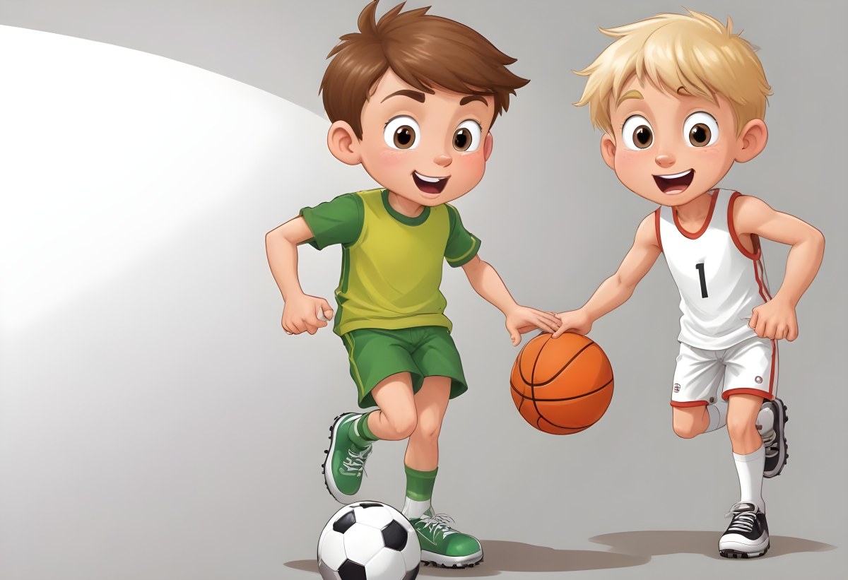 Two Young Cartoon Boys With One Having Brown Hair And The Other With Blonde Hair Playing With A Soccer Ball And Basketball In A Plain White Background 6 F16e