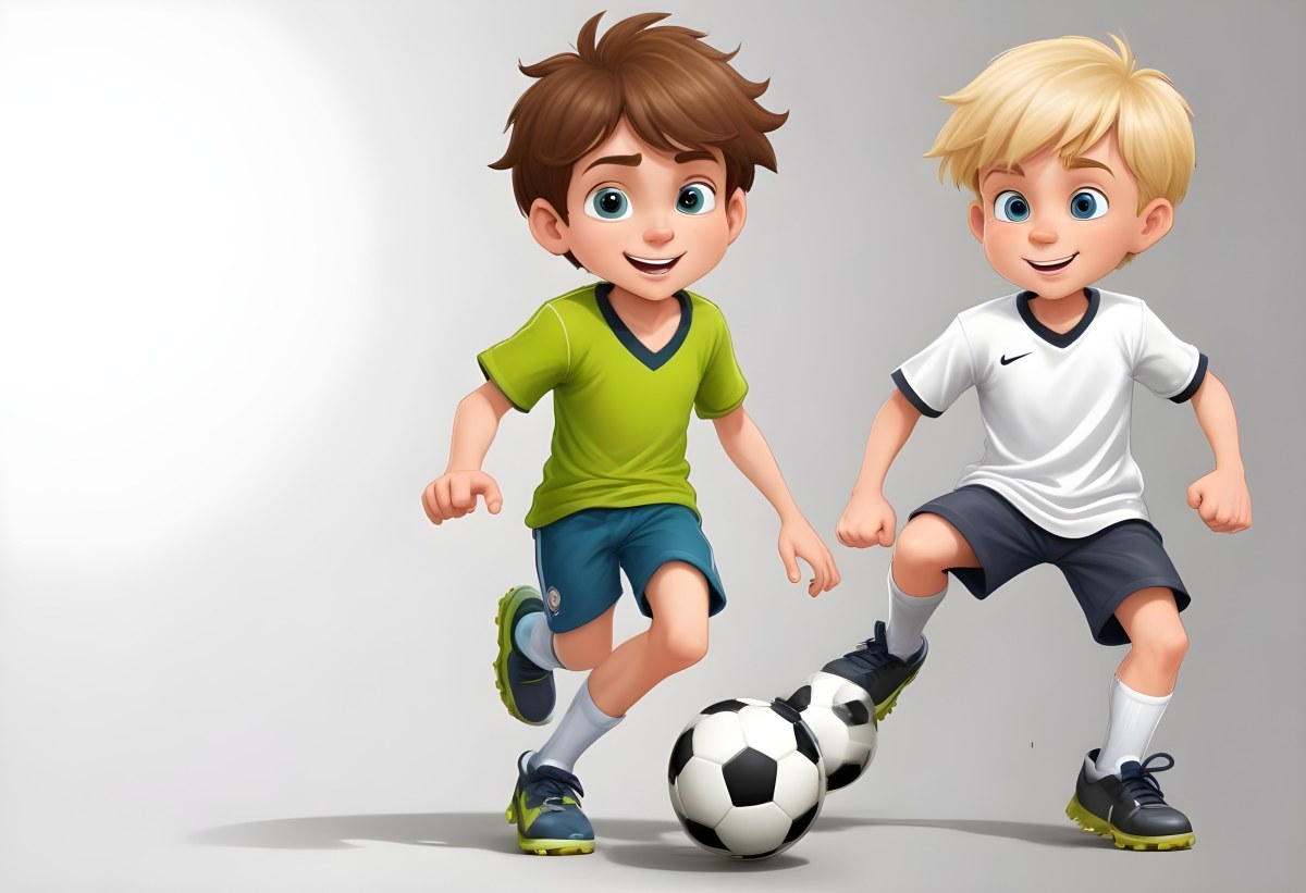 Two Young Cartoon Boys With One Having Brown Hair And The Other With Blonde Hair Playing With A Soccer Ball And Basketball In A Plain White Background 7 4834