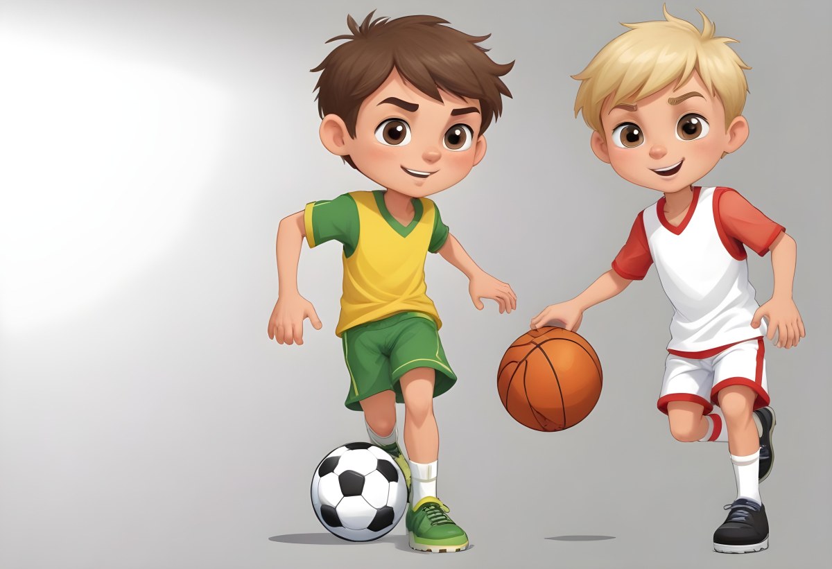 Two Young Cartoon Boys With One Having Brown Hair And The Other With Blonde Hair Playing With A Soccer Ball And Basketball In A Plain White Background 8 F17d