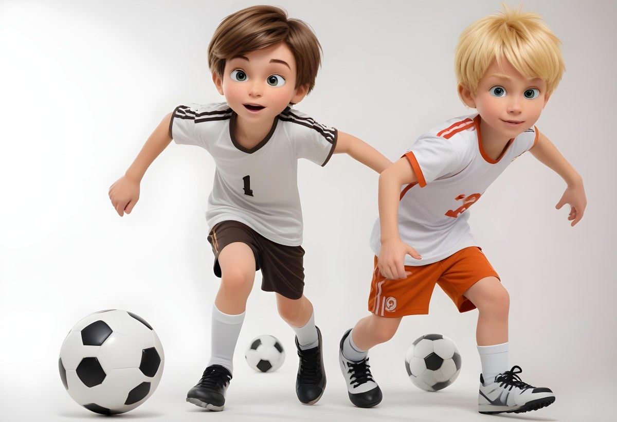 Two Young Cartoon Boys With One Having Brown Hair And The Other With Blonde Hair Playing With A Soccer Ball And Basketball In A Plain White Background 9 8720