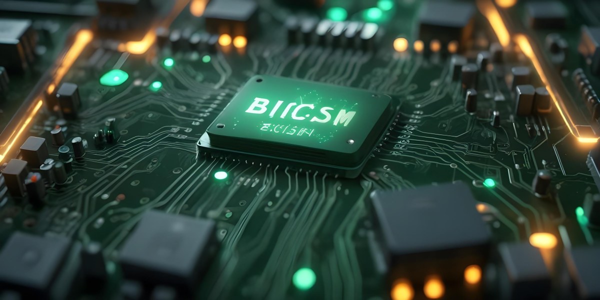 3d Model A Close Up Of A Green Computer Chip With The Word Bicism Written On It Circuit Board With Glowing Elements Bokeh Lights In The Background Figure Octane Render Volumetric Highly Detailed Videogame Aesthet 8 8278