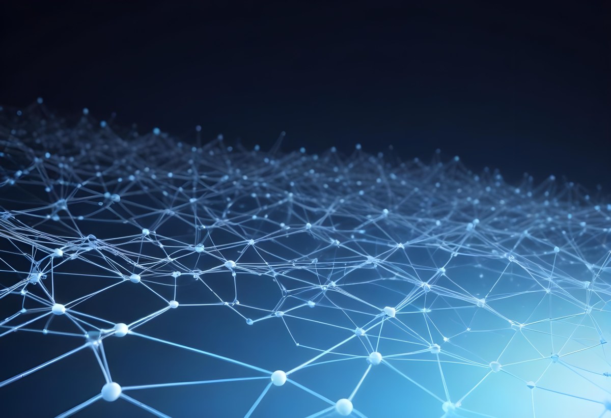 3d Model Abstract Network Of Interconnected White Lines And Dots Forming A Grid Like Structure Set Against A Gradient Background Transitioning From Dark Blue To Light Blue Figure Octane Render Volumetric Highly Det 13 8fe3