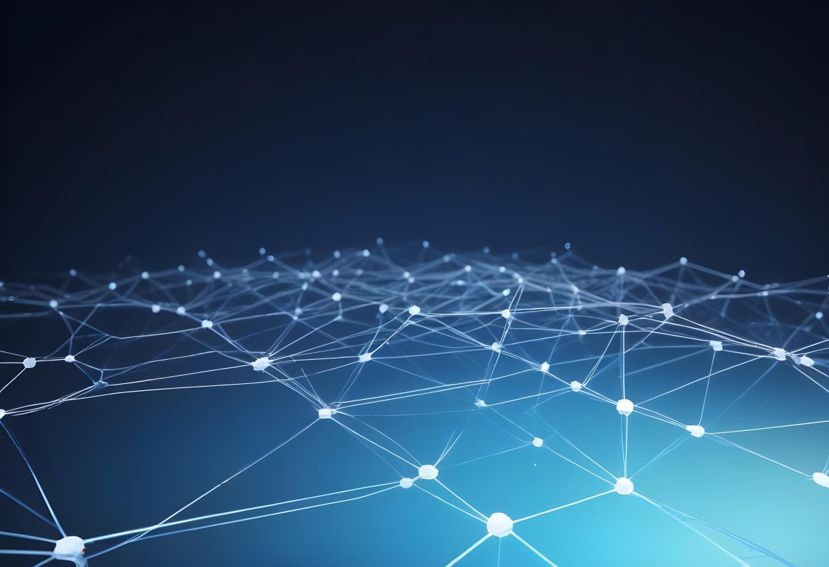 3d Model Abstract Network Of Interconnected White Lines And Dots Forming A Grid Like Structure Set Against A Gradient Background Transitioning From Dark Blue To Light Blue Figure Octane Render Volumetric Highly Det 14 0647