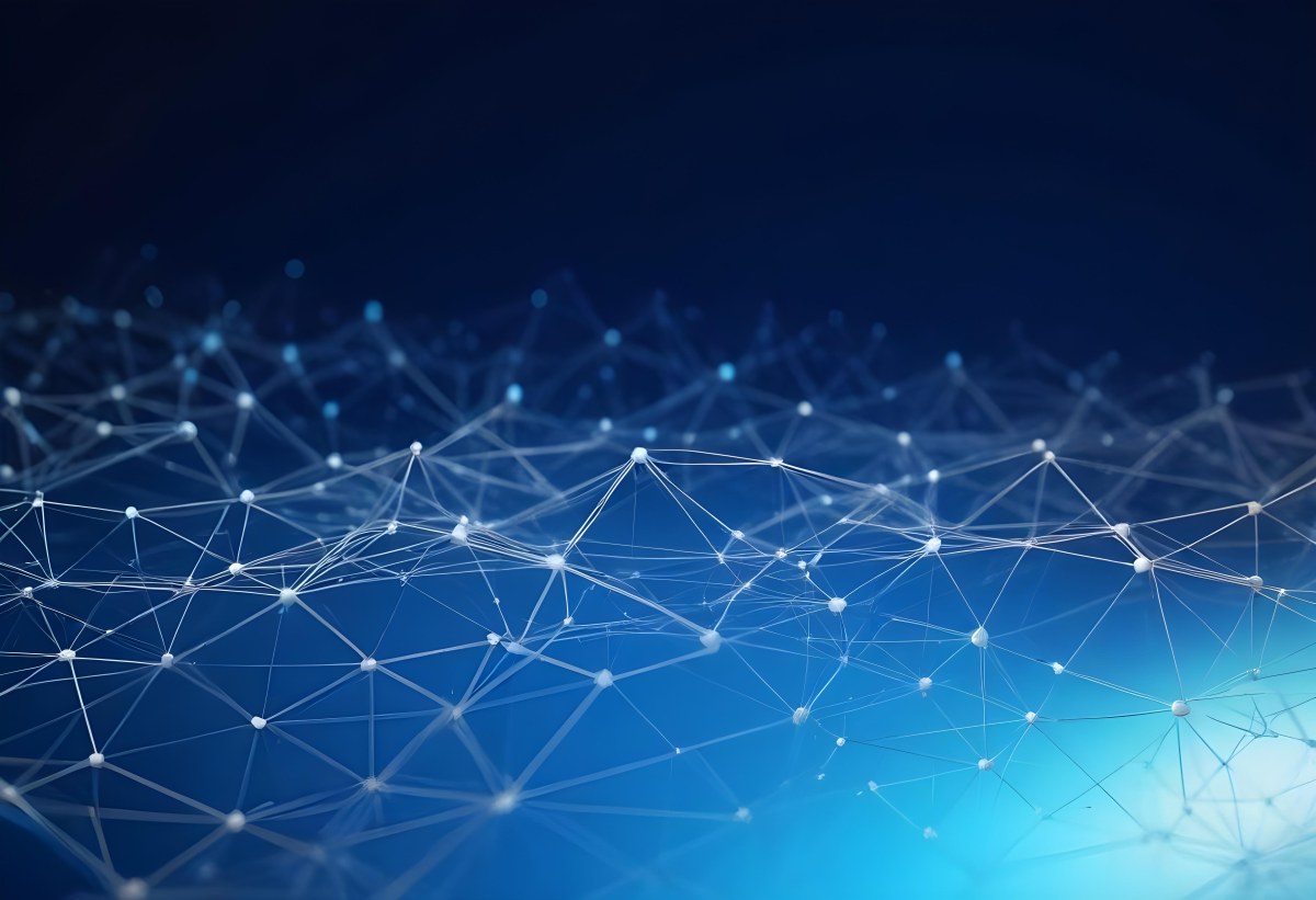 3d Model Abstract Network Of Interconnected White Lines And Dots Forming A Grid Like Structure Set Against A Gradient Background Transitioning From Dark Blue To Light Blue Figure Octane Render Volumetric Highly Det 17 273c