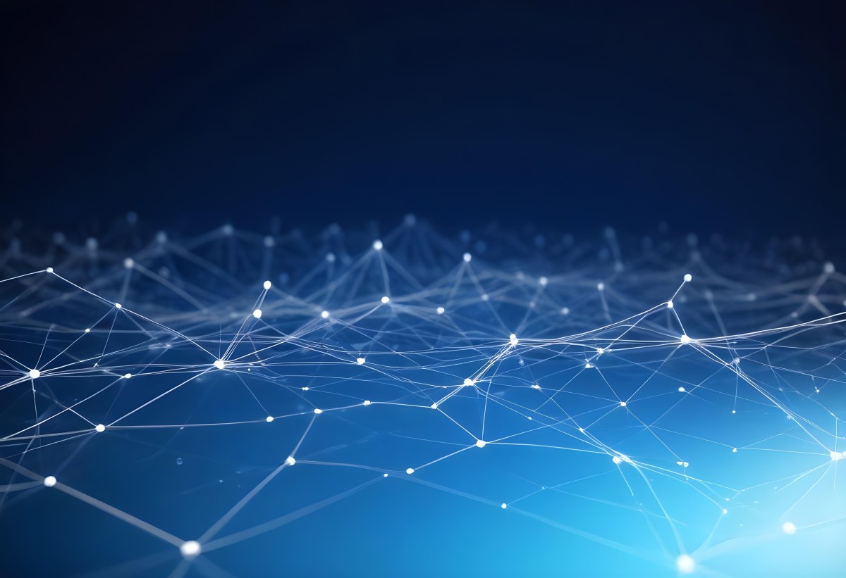 3d Model Abstract Network Of Interconnected White Lines And Dots Forming A Grid Like Structure Set Against A Gradient Background Transitioning From Dark Blue To Light Blue Figure Octane Render Volumetric Highly Det 19 7447